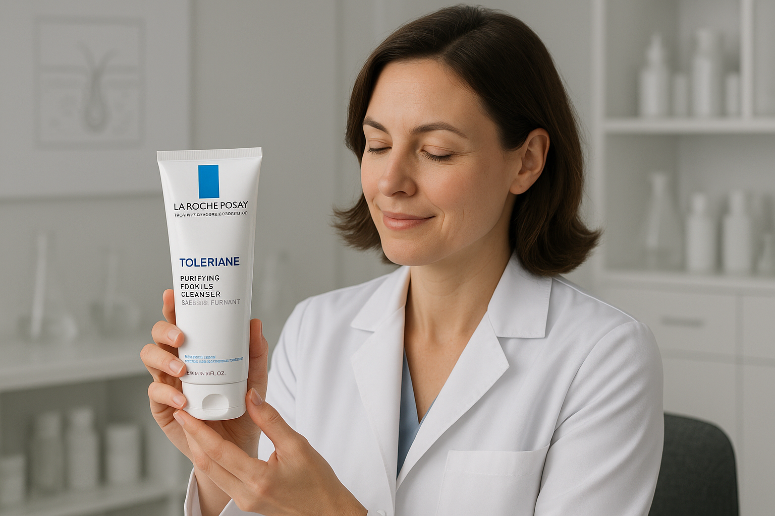 A professional dermatologist in a white lab coat holding a La Roche-Posay