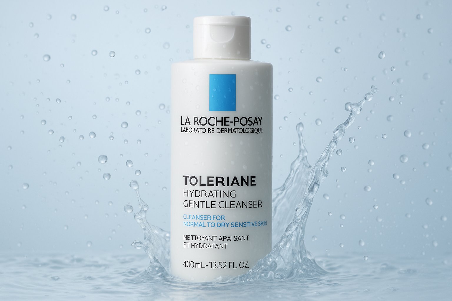 A close-up of the Toleriane Cleanser bottle