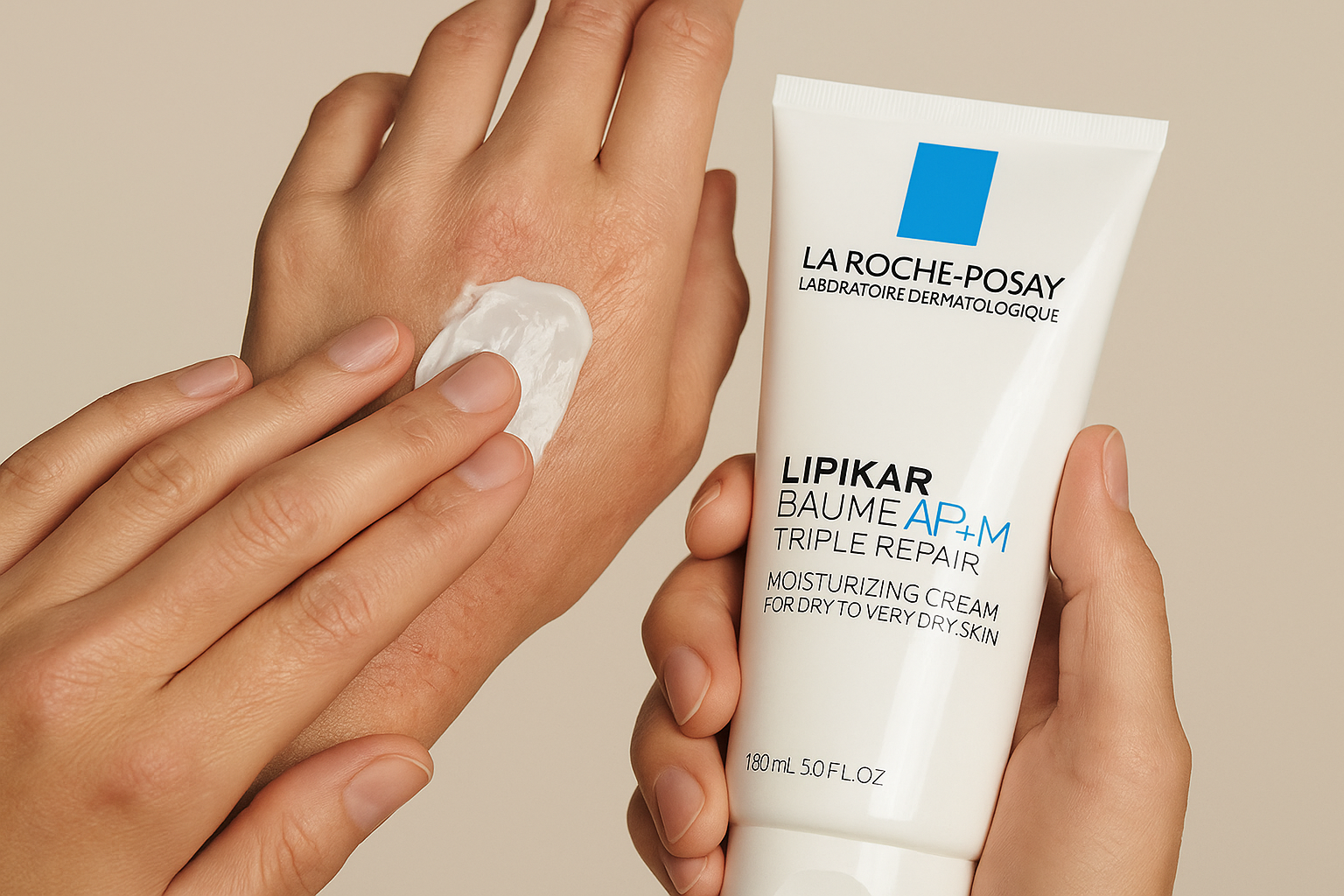A pair of hands applying the Lipikar Moisturizing Cream