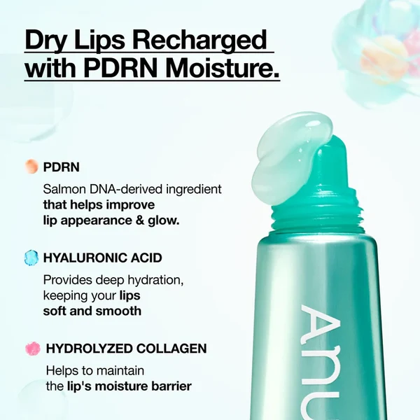 Anua PDRN Hyaluronic Acid Lip Serum 10ml 5 Anua PDRN Lip Serum key ingredients listing featuring hydrating Salmon DNA, Hyaluronic Acid, and Hydrolyzed Collagen.