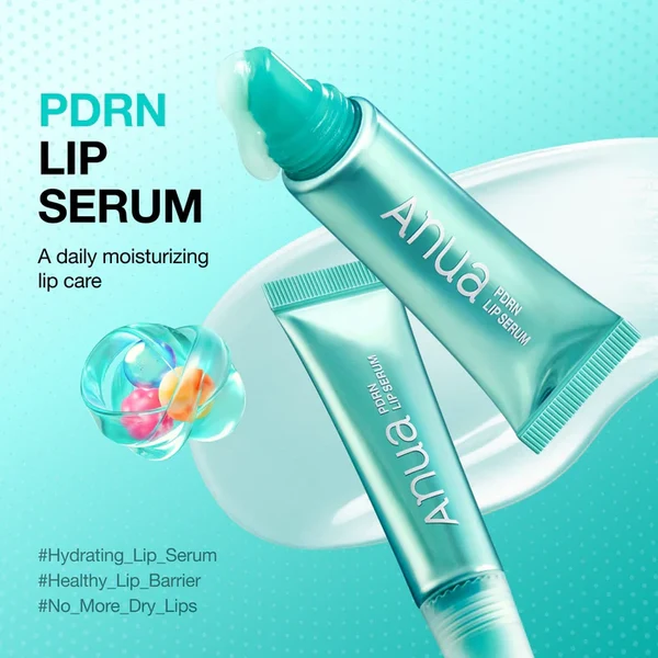 Anua PDRN Hyaluronic Acid Lip Serum 10ml 3 Anua PDRN Lip Serum twin tubes on smooth texture cream background for daily moisturizing care.