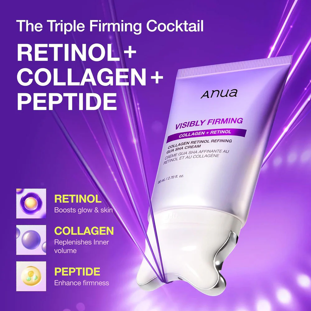 Anua Collagen Retinol Refining Gua Sha Cream 80ml 6 Anua Visibly Firming cream ingredients chart featuring active Retinol, Vegan Collagen, and Peptide complex.