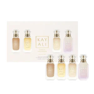 Four collectible 10ml travel bottles inside Kayali Vanilla Obsessions fragrance set from international beauty store OR-LO.