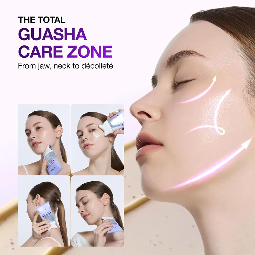 Anua Collagen Retinol Refining Gua Sha Cream 80ml 4 Korean skincare model using Anua face sculpting massager tool from jaw to neck and décolleté.