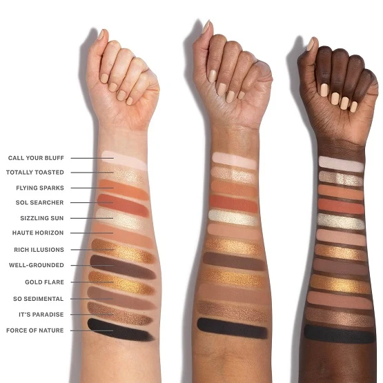 Morphe Flickering Sands Eyeshadow Palette 2 Pigment swatches of Morphe Flickering Sands eyeshadow palette on light, medium, and deep skin tones available at OR-LO Pakistan.