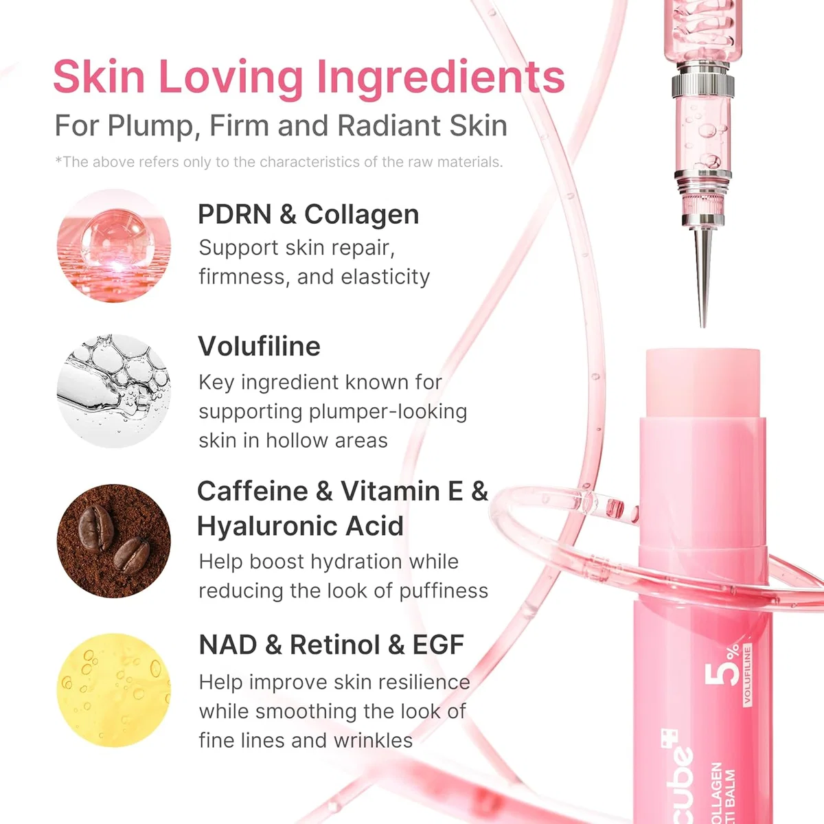 Medicube - PDRN Pink Collagen Volume Multi Balm Stick 5 Skin loving ingredients breakdown featuring Volufiline PDRN Collagen and Retinol in Medicube Pink Multi Balm stick.