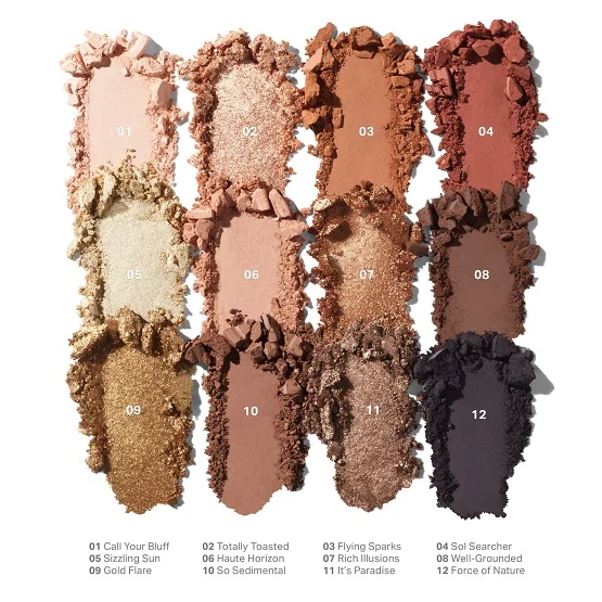 Morphe Flickering Sands Eyeshadow Palette 3 Textured swatches and shade names of original Morphe ChromaPlus 12-Pan Eyeshadow Palette Flickering Sands by premium beauty store OR-LO.