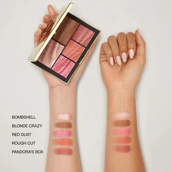 NARS Pure Luxury Light Reflecting Cheek & Eye Palette 4 Arm swatches of Bombshell Blonde Crazy Red Dust Rough Cut and Pandoras Box shades from NARS Pure Luxury Palette.