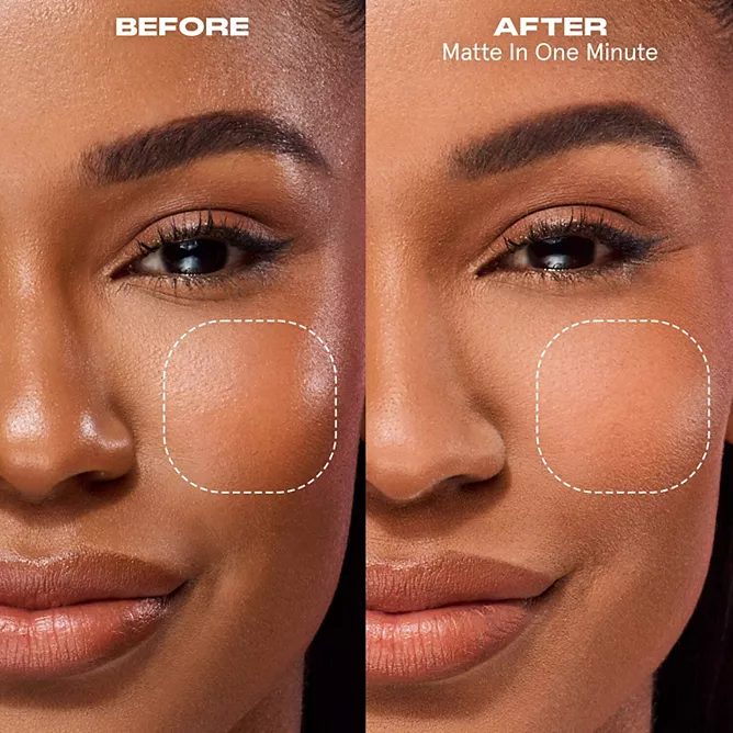 ONE/SIZE by Patrick Starrr Oil Sucker Liquid Blotting Paper Spray 5 Before and after oil control matte results on medium skin tone using ONE SIZE Oil Sucker spray.