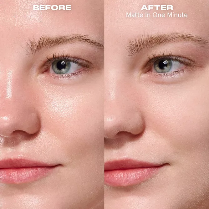 ONE/SIZE by Patrick Starrr Oil Sucker Liquid Blotting Paper Spray 4 ONE SIZE Oil Sucker spray before after matte results on fair skin tone showing shine control.