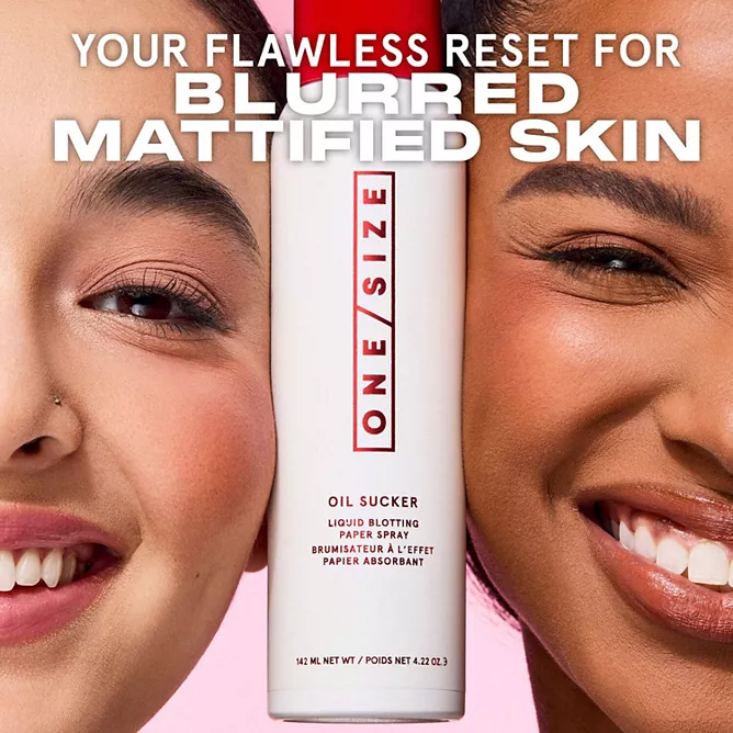 ONE/SIZE by Patrick Starrr Oil Sucker Liquid Blotting Paper Spray 3 ONE SIZE by Patrick Starrr Oil Sucker Liquid Blotting Paper Spray bottle with flawless blurred skin models.