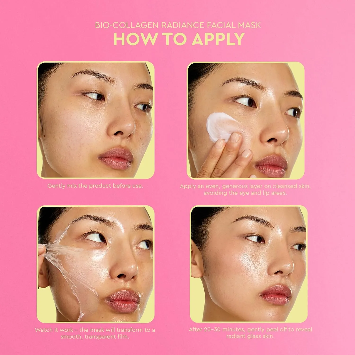 BYOMA Bio-Collagen Radiance Facial Mask 60ml 3 Step by step application guide showing cream transforming to a clear peel off film for radiant glass skin.