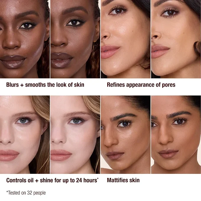 Charlotte Tilbury Airbrush Flawless Matte Blur Setting Spray 2 Clinical skin models displaying 24 hour oil control pore refining and skin smoothing results with Charlotte Tilbury