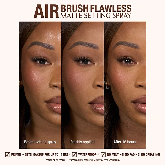 Charlotte Tilbury Airbrush Flawless Matte Blur Setting Spray 3 Before and after 16 hours waterproof test results using Charlotte Tilbury Airbrush Flawless Matte Setting Spray.