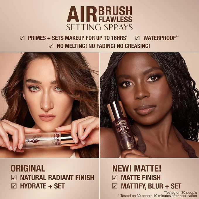 Charlotte Tilbury Airbrush Flawless Matte Blur Setting Spray 4 Charlotte Tilbury Airbrush Flawless Setting Sprays difference chart between Original Radiant and New Matte finish