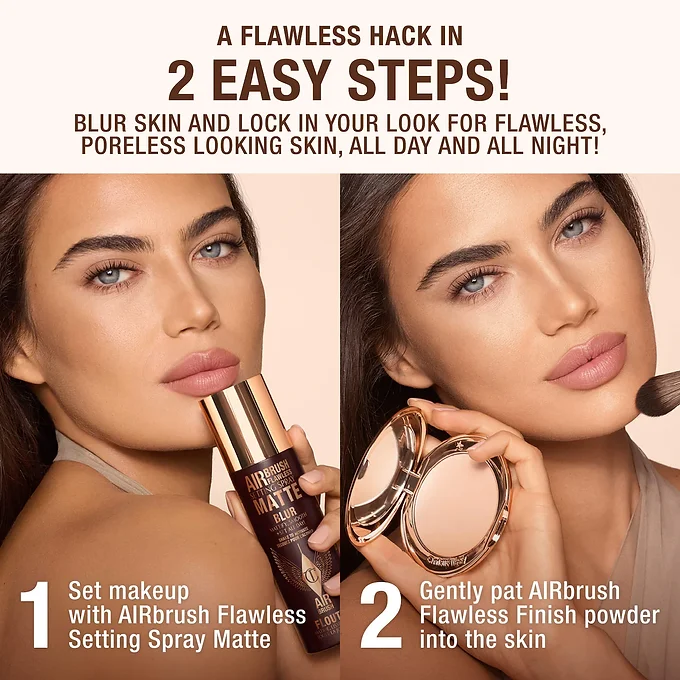 Charlotte Tilbury Airbrush Flawless Matte Blur Setting Spray 5 Charlotte Tilbury 2 step flawless hack featuring Airbrush Flawless Matte Blur Setting Spray and Finish powder.