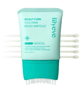 Lilyeve Scalp Turn Cica PDRN Brush Ampoule 100ml bottle close-up with its built-in micro-tip brush applicator on a clean white background.