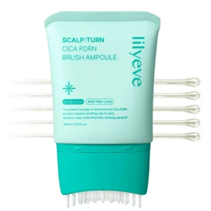 Lilyeve Scalp Turn Cica PDRN Brush Ampoule 100ml bottle close-up with its built-in micro-tip brush applicator on a clean white background.