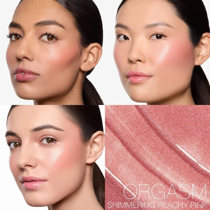 NARS - Insatiable Longwearing Liquid Blush - Orgasm - 8.5ML 2 NARS Orgasm liquid blush shimmering peachy pink gloss texture finish on models face.
