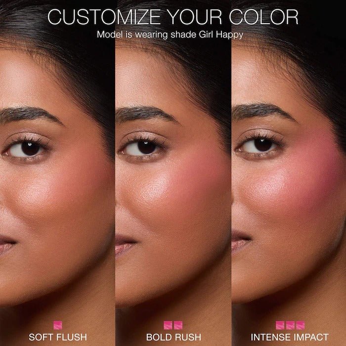 NARS - Insatiable Longwearing Liquid Blush - Orgasm - 8.5ML 3 Skin model showing soft flush bold rush and intense impact buildable blush application steps.