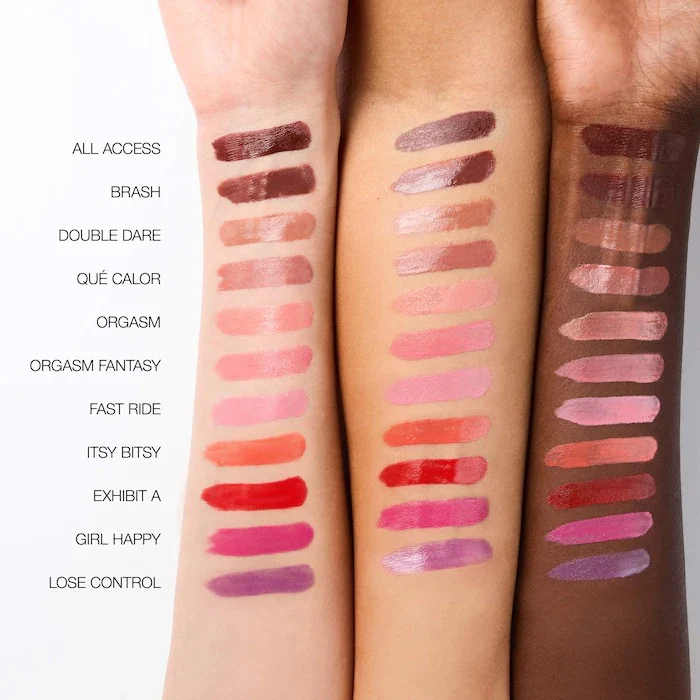 NARS - Insatiable Longwearing Liquid Blush - Orgasm - 8.5ML 4 NARS Insatiable Liquid Blush swatches on fair medium and deep dark arms skin tones.