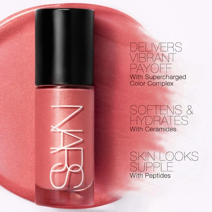 NARS - Insatiable Longwearing Liquid Blush - Orgasm - 8.5ML 6 NARS Insatiable Liquid Blush bottle showing formula benefits with Ceramides and Peptides.