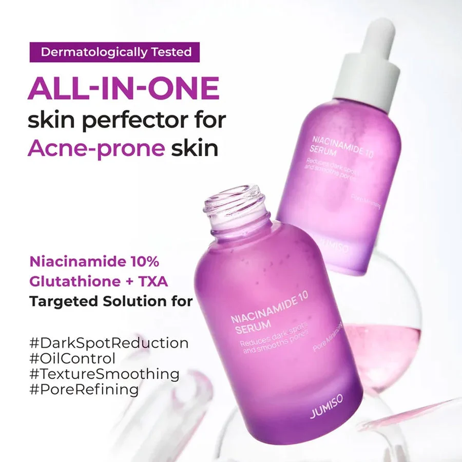 Jumiso Niacinamide 10 Serum 40ml 2 Jumiso Niacinamide 10 Serum purple glass bottles showcasing all in one skin perfector formula for acne prone skin.